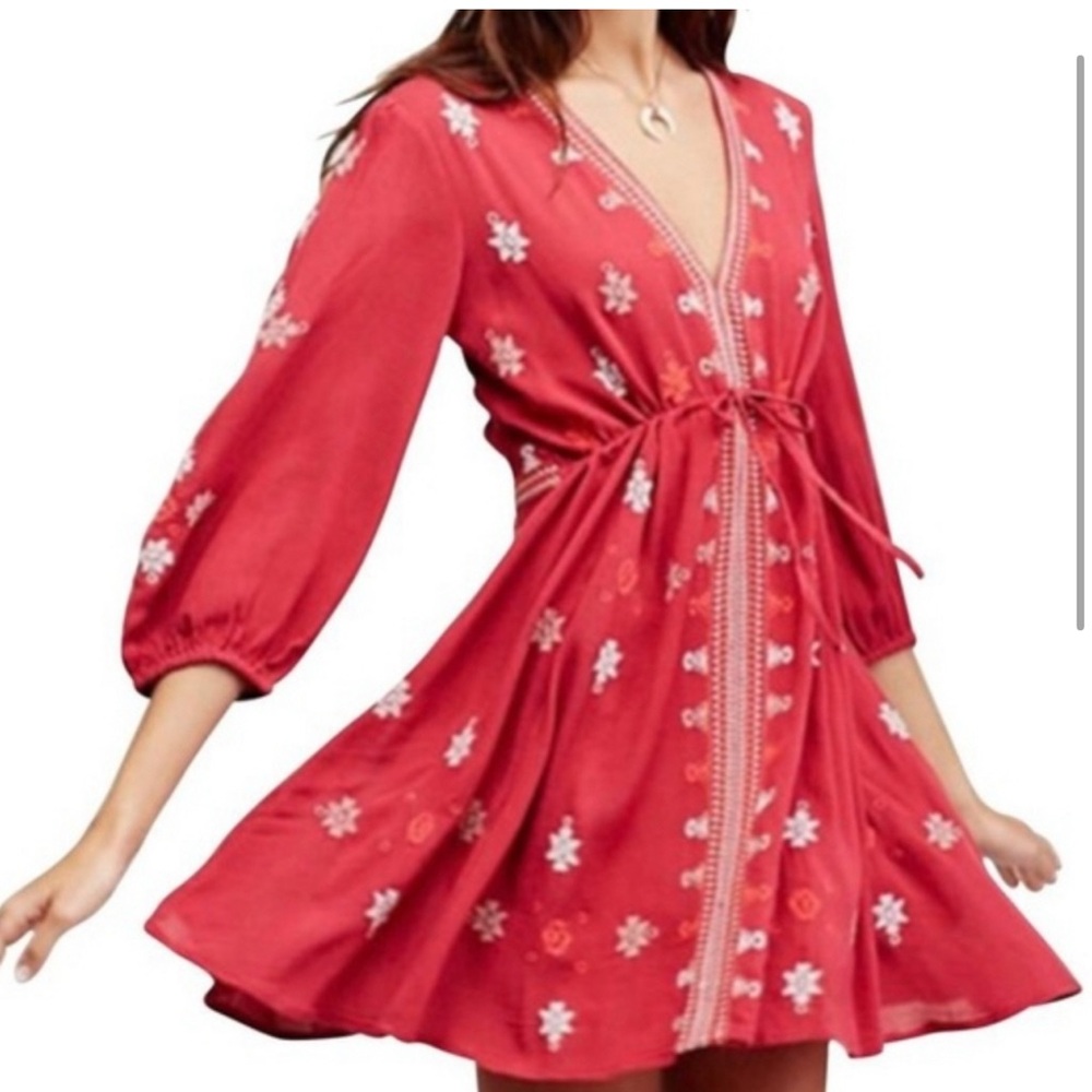Free People Red Floral Embroidered Long Sleeve Dress